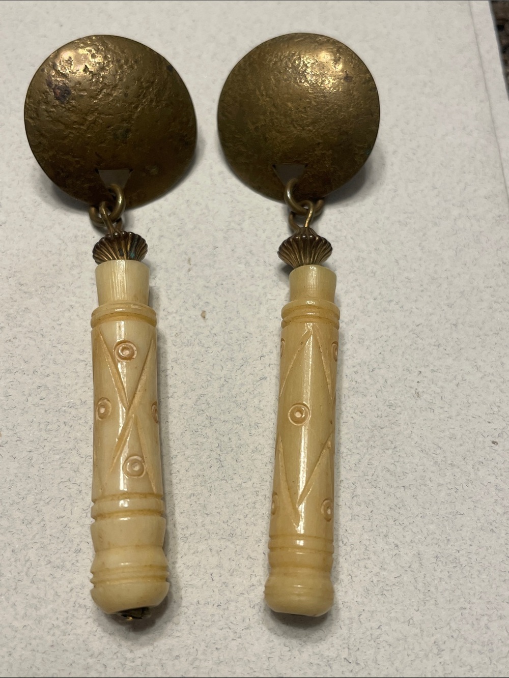 Vintage Cream Carved bone and Brass Earrings